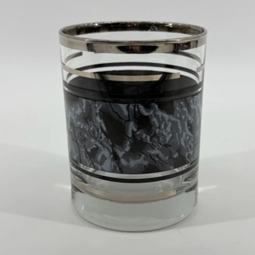 Vintage Whiskey Glass‎ Black Marble Silver Stripe Barware Drinkware MCM